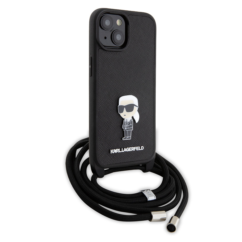 Fodral för Apple iPhone 15, Karl Lagerfeld, Saffiano Crossbody Monogram Metal Pin Karl, Svart