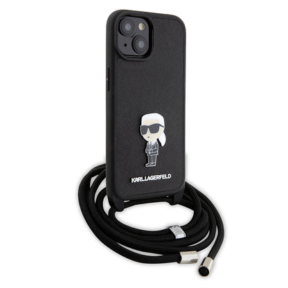 Fodral för Apple iPhone 15, Karl Lagerfeld, Saffiano Crossbody Monogram Metal Pin Karl, Svart
