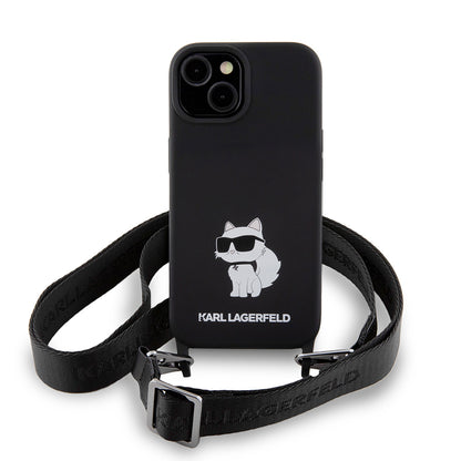 Fodral för Apple iPhone 15, Karl Lagerfeld, Silicone Crossbody Choupette, Svart