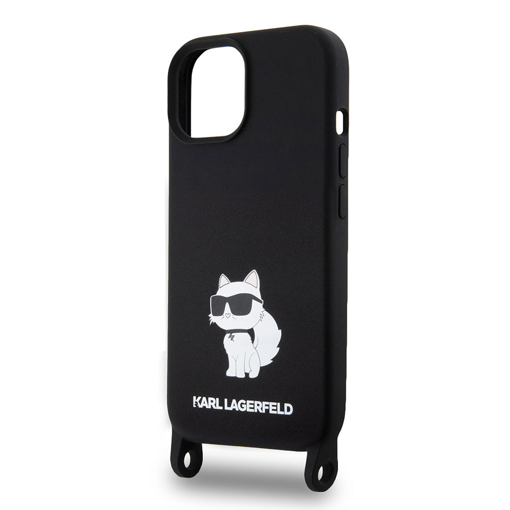 Fodral för Apple iPhone 15, Karl Lagerfeld, Silicone Crossbody Choupette, Svart