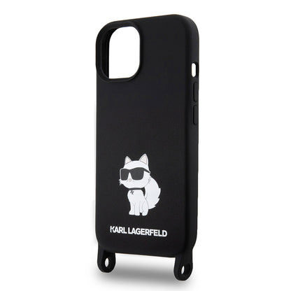 Fodral för Apple iPhone 15, Karl Lagerfeld, Silicone Crossbody Choupette, Svart