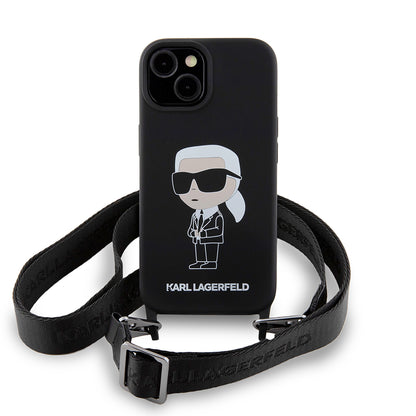 Case for Apple iPhone 15, Karl Lagerfeld, Silicone Crossbody Ikonik Karl, Black