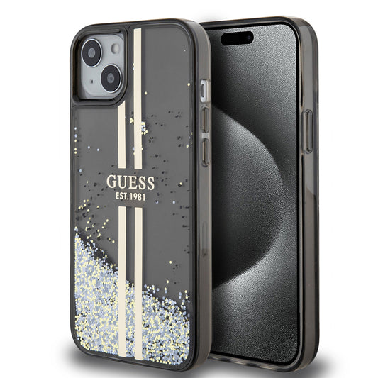 Skal för Apple iPhone 15 Plus, Guess, Liquid Glitter Gold Stripes, Svart