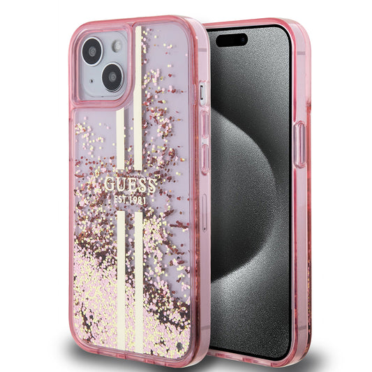 Skal för Apple iPhone 15 Plus, Guess, Liquid Glitter Gold Stripes, Rosa