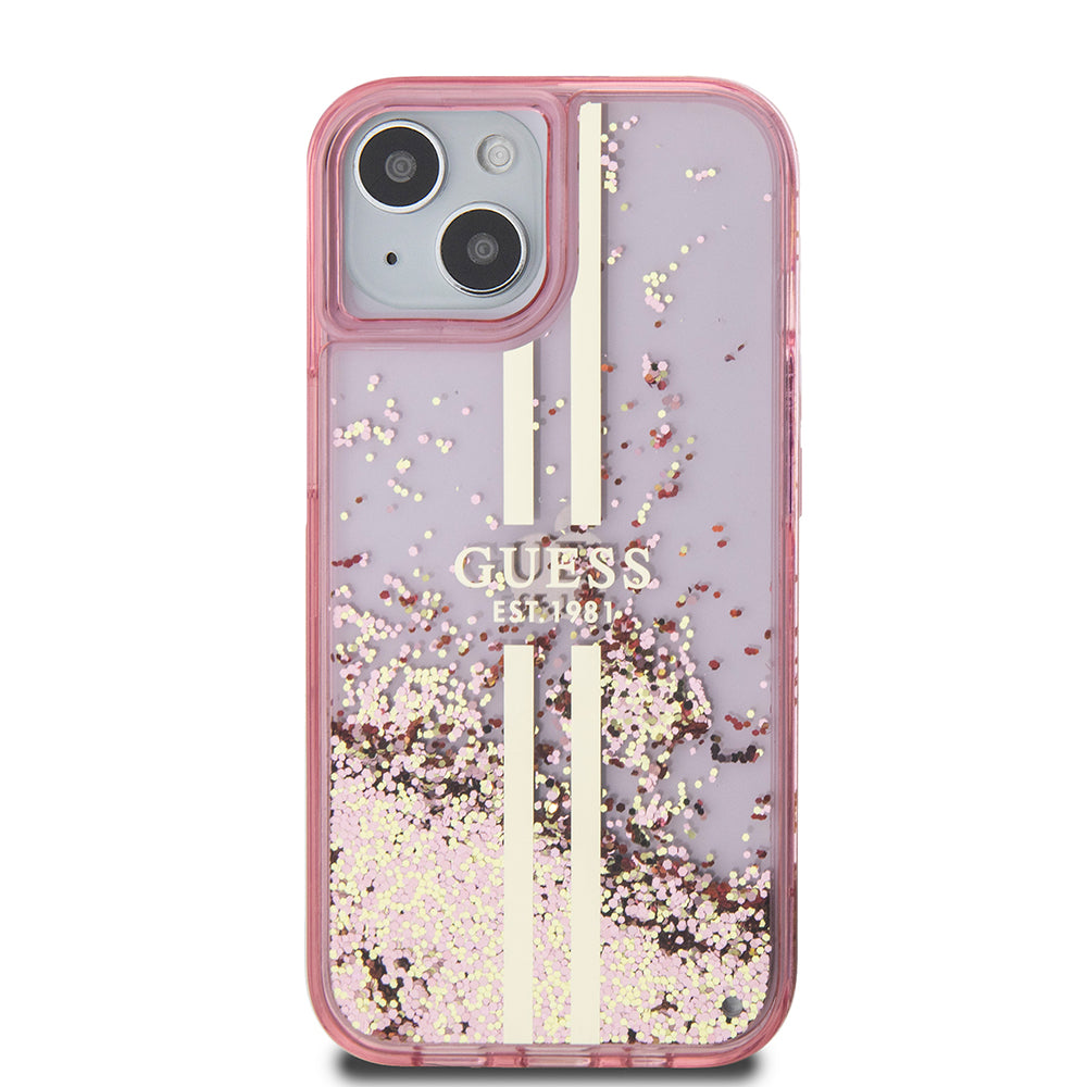 Skal för Apple iPhone 15 Plus, Guess, Liquid Glitter Gold Stripes, Rosa