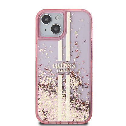 Skal för Apple iPhone 15 Plus, Guess, Liquid Glitter Gold Stripes, Rosa