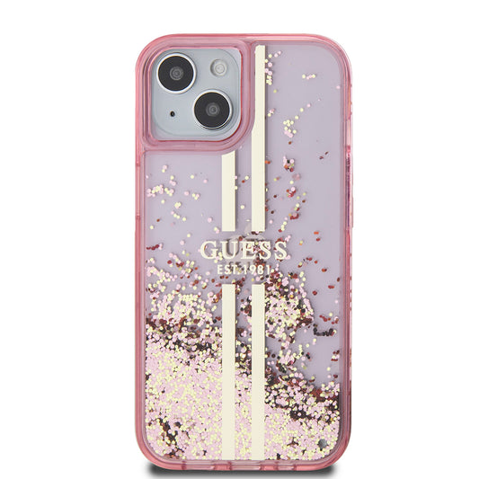 Skal för Apple iPhone 15 Plus, Guess, Liquid Glitter Gold Stripes, Rosa