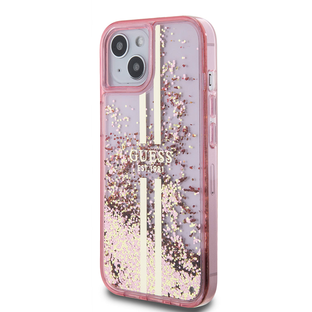 Skal för Apple iPhone 15 Plus, Guess, Liquid Glitter Gold Stripes, Rosa