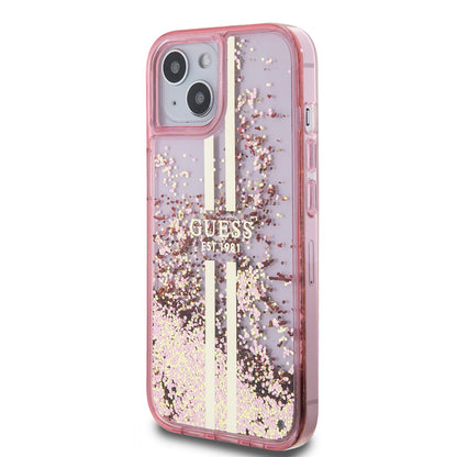 Skal för Apple iPhone 15 Plus, Guess, Liquid Glitter Gold Stripes, Rosa