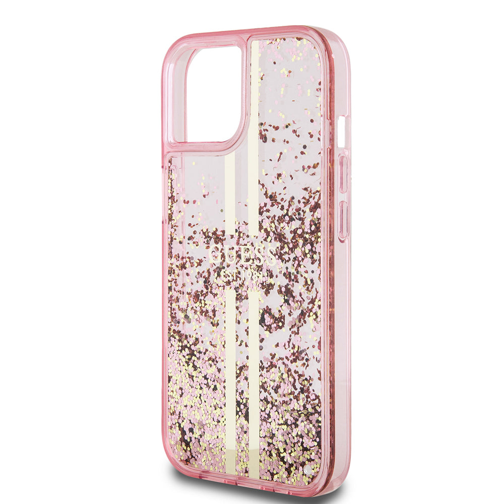 Skal för Apple iPhone 15 Plus, Guess, Liquid Glitter Gold Stripes, Rosa