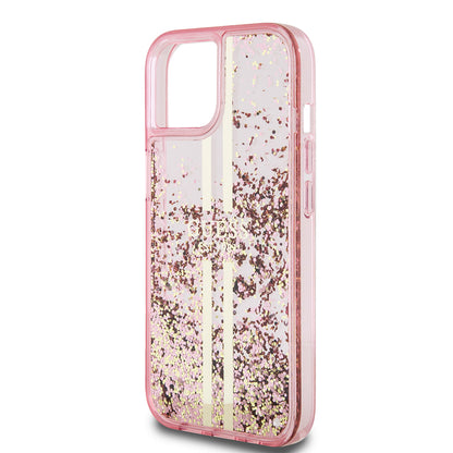 Skal för Apple iPhone 15 Plus, Guess, Liquid Glitter Gold Stripes, Rosa
