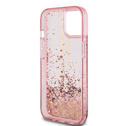 Skal för Apple iPhone 15 Plus, Guess, Liquid Glitter Gold Stripes, Rosa