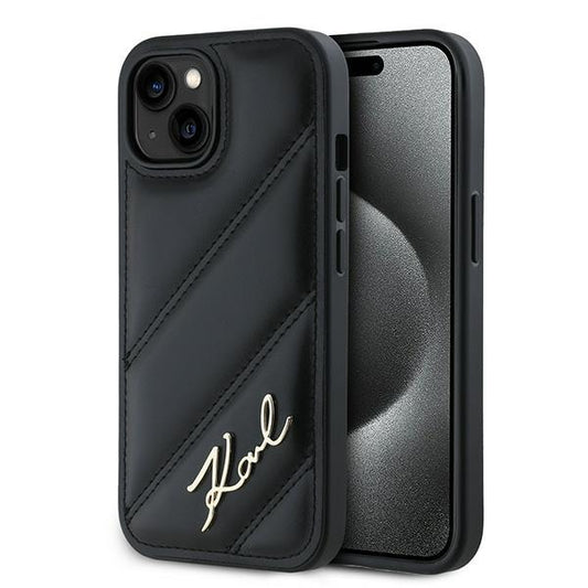 Case for Apple iPhone 15 Plus, Karl Lagerfeld, Diagonal Quilted Script, Black