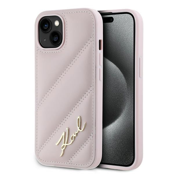 Fodral för Apple iPhone 15 Plus, Karl Lagerfeld, Diagonal Quilted Script, Rosa