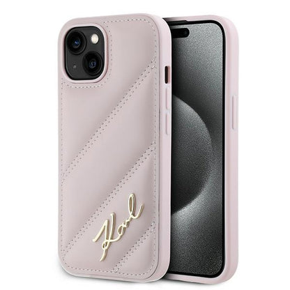 Fodral för Apple iPhone 15 Plus, Karl Lagerfeld, Diagonal Quilted Script, Rosa