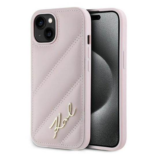 Fodral för Apple iPhone 15 Plus, Karl Lagerfeld, Diagonal Quilted Script, Rosa