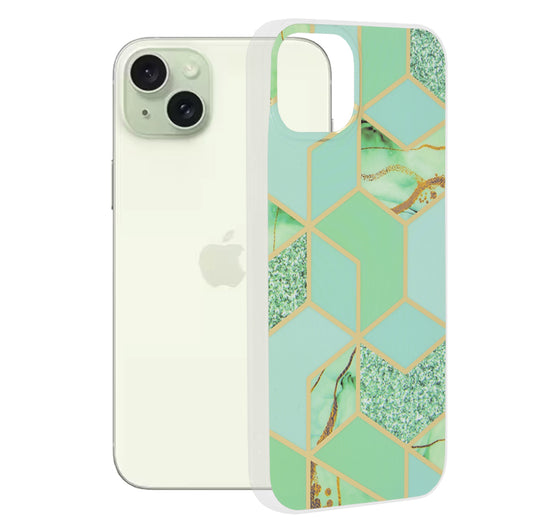 Fodral för Apple iPhone 15 Plus, Techsuit, Marble, Grön