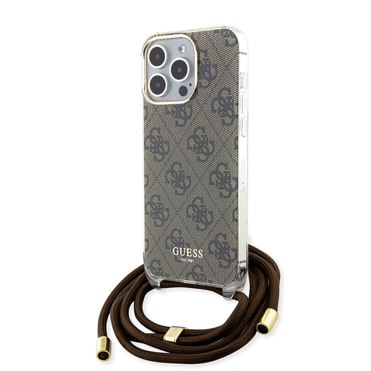 Fodral för Apple iPhone 15 Pro, Guess, Crossbody Cord 4G Print, Brun