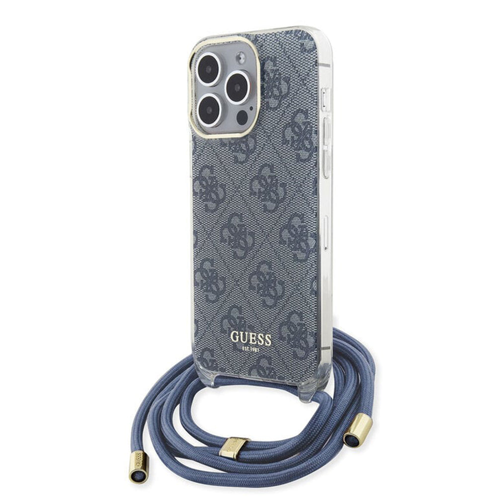 Skyddsfodral för Apple iPhone 15 Pro, Guess, Crossbody Cord 4G Print, Blå