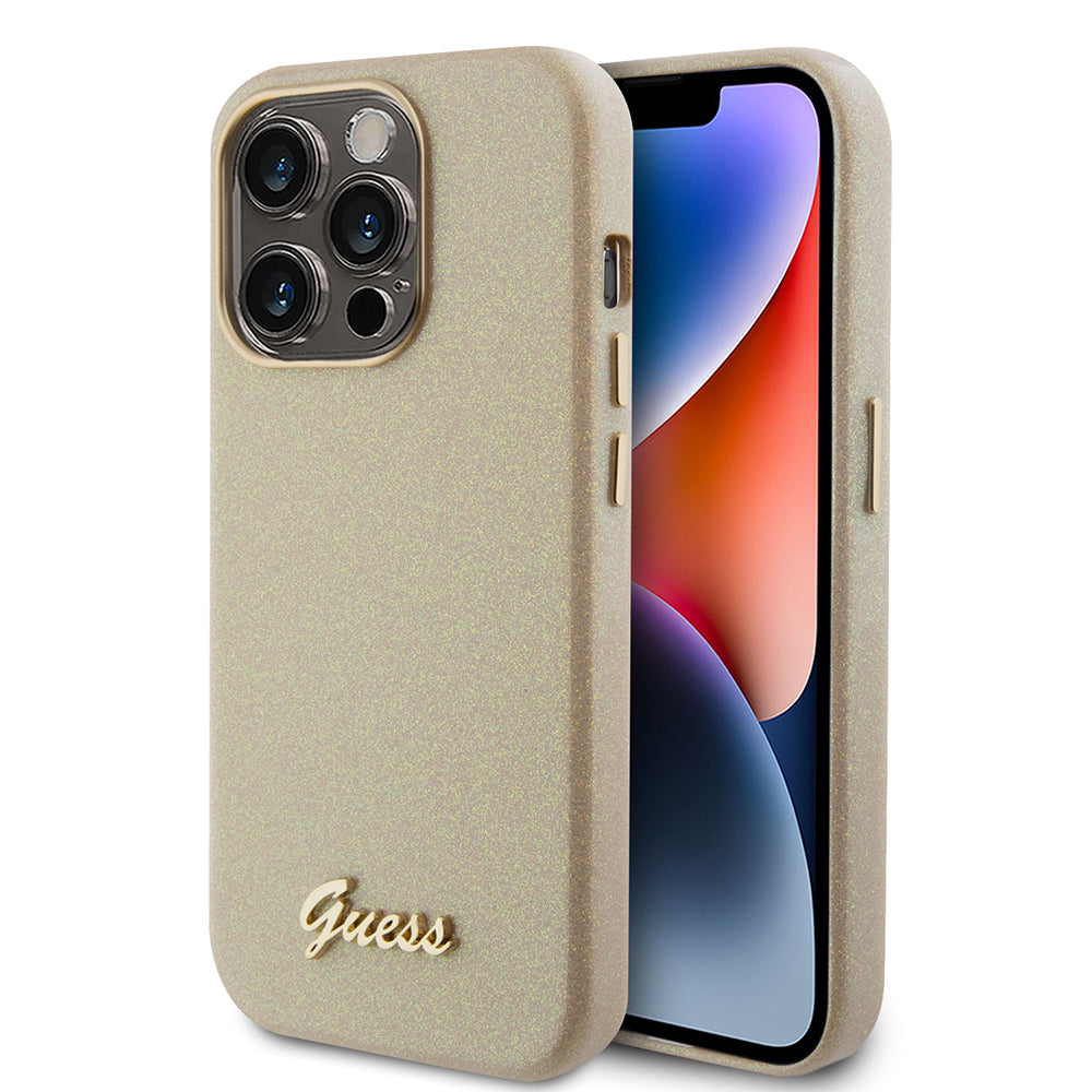 Fodral för Apple iPhone 15 Pro, Guess, Glitter Glossy Script, Beige