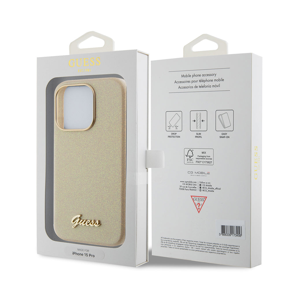 Fodral för Apple iPhone 15 Pro, Guess, Glitter Glossy Script, Beige