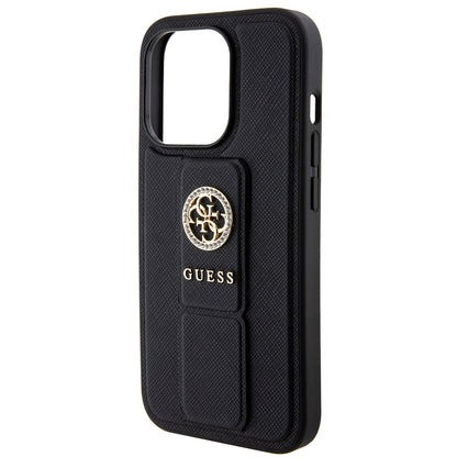 Fodral för Apple iPhone 15 Pro, Guess, Grip Stand 4G Saffiano Strass, Svart