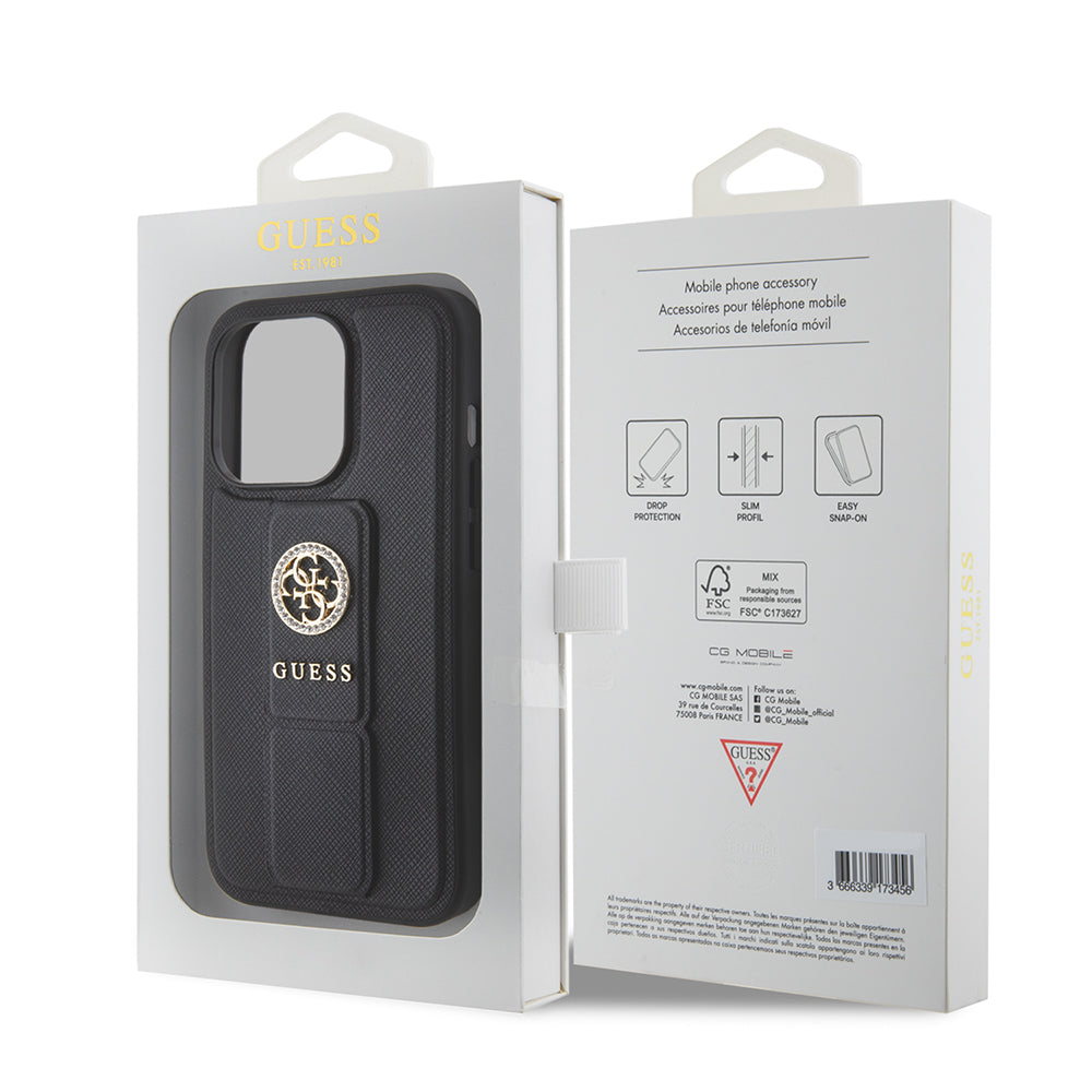 Fodral för Apple iPhone 15 Pro, Guess, Grip Stand 4G Saffiano Strass, Svart
