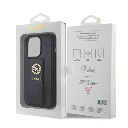 Fodral för Apple iPhone 15 Pro, Guess, Grip Stand 4G Saffiano Strass, Svart