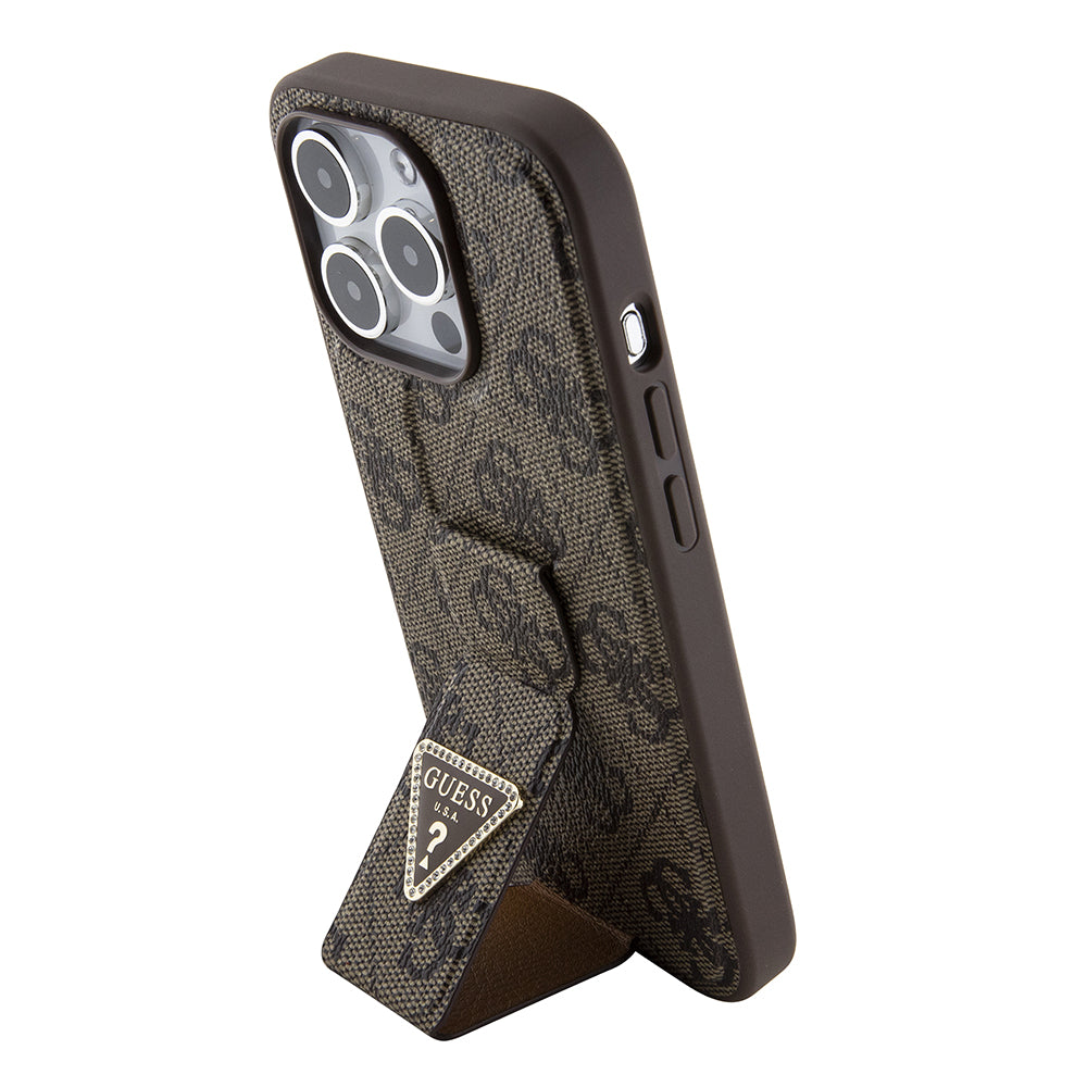 Fodral för Apple iPhone 15 Pro, Guess, Grip Stand 4G Triangle Strass, Brun