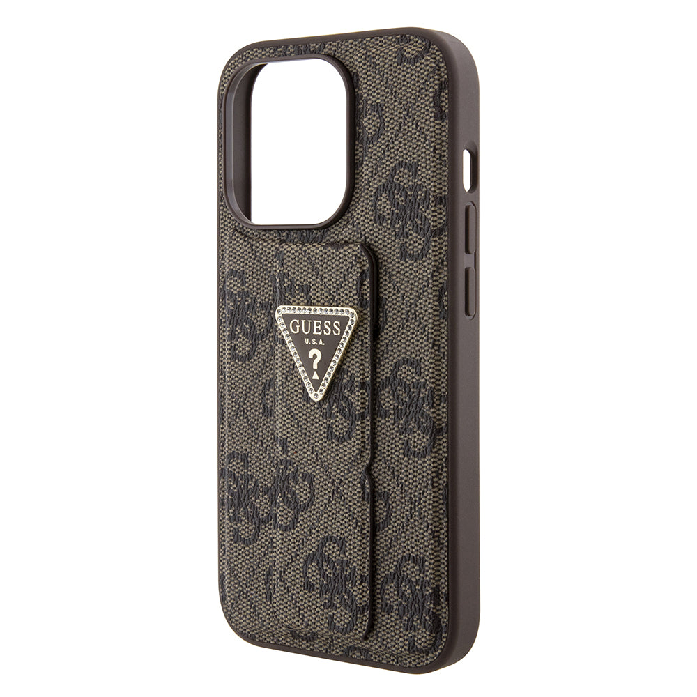 Fodral för Apple iPhone 15 Pro, Guess, Grip Stand 4G Triangle Strass, Brun