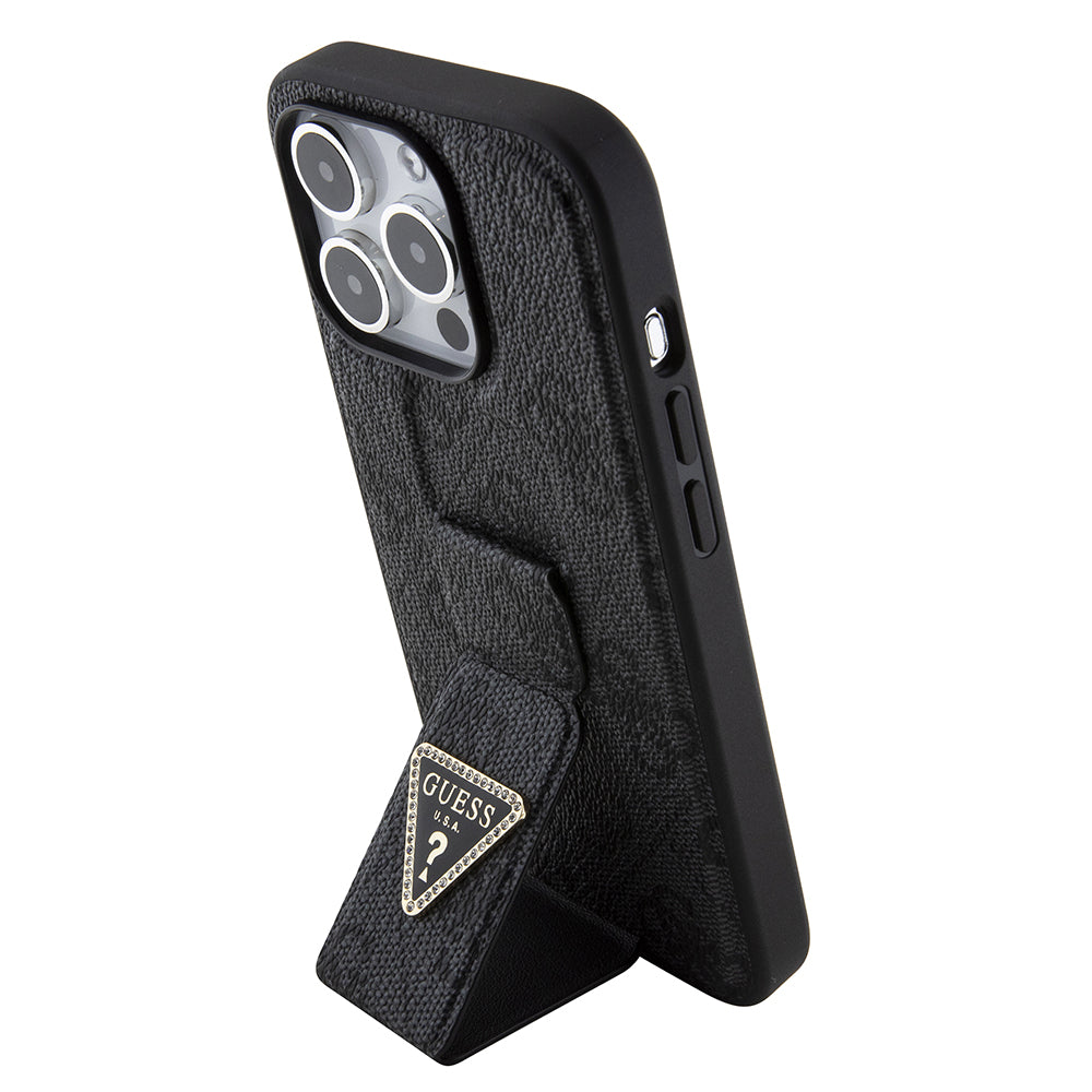 Fodral för Apple iPhone 15 Pro, Guess, Grip Stand 4G Triangle Strass, Svart