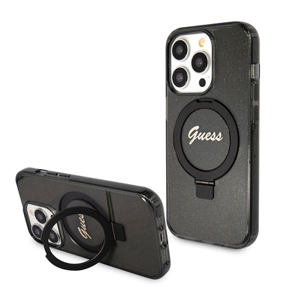 MagSafe Case for Apple iPhone 15 Pro, Guess, IML Ring Stand Glitter, Black