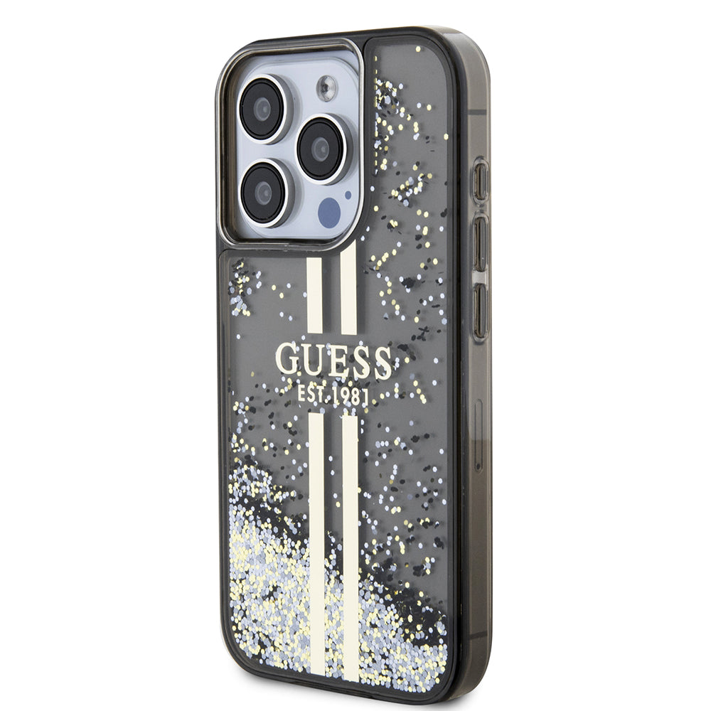 Skyddsfodral för Apple iPhone 15 Pro, Guess, Liquid Glitter Gold Stripe, Svart