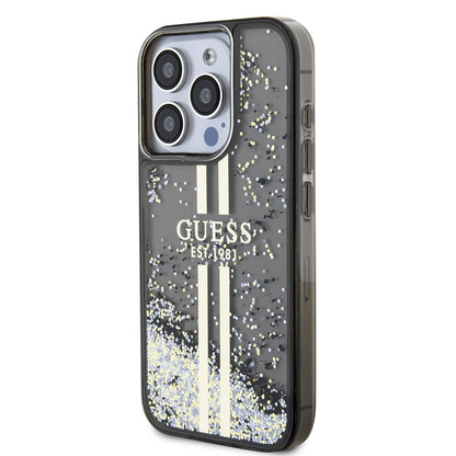 Skyddsfodral för Apple iPhone 15 Pro, Guess, Liquid Glitter Gold Stripe, Svart