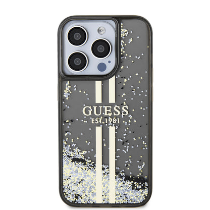 Skyddsfodral för Apple iPhone 15 Pro, Guess, Liquid Glitter Gold Stripe, Svart