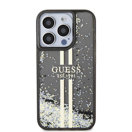 Skyddsfodral för Apple iPhone 15 Pro, Guess, Liquid Glitter Gold Stripe, Svart