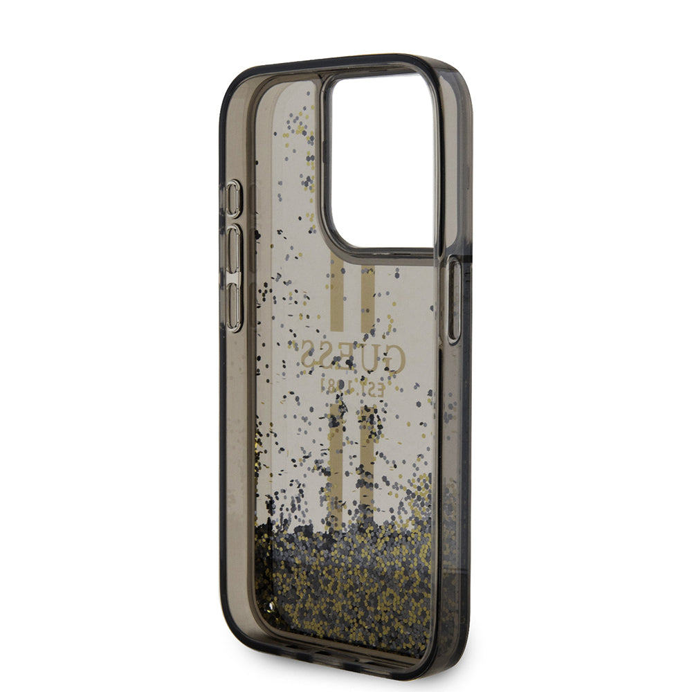 Skyddsfodral för Apple iPhone 15 Pro, Guess, Liquid Glitter Gold Stripe, Svart