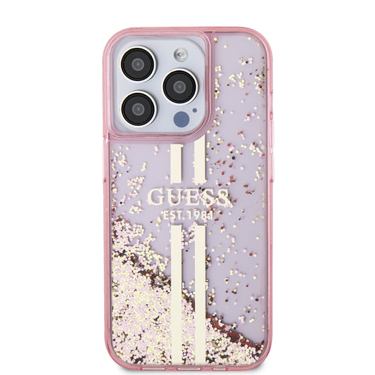 Fodral för Apple iPhone 15 Pro, Guess, Liquid Glitter Gold Stripes, Rosa