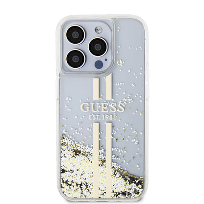 Skyddsfodral för Apple iPhone 15 Pro, Guess, Liquid Glitter Gold Stripes, Transparent
