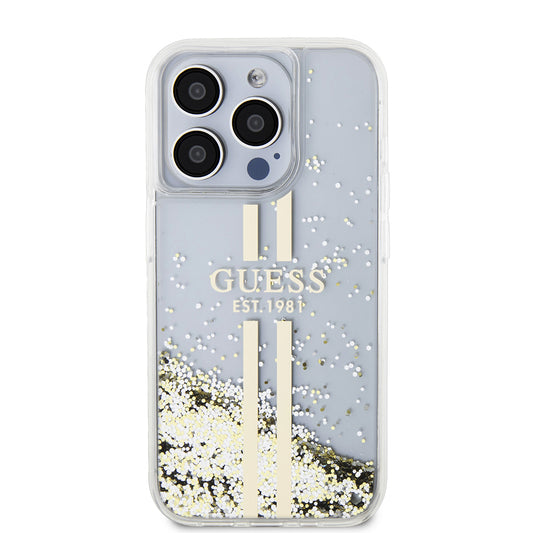 Skyddsfodral för Apple iPhone 15 Pro, Guess, Liquid Glitter Gold Stripes, Transparent