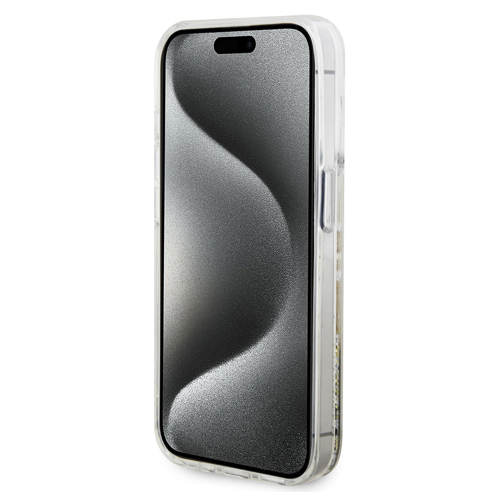 Skyddsfodral för Apple iPhone 15 Pro, Guess, Liquid Glitter Gold Stripes, Transparent