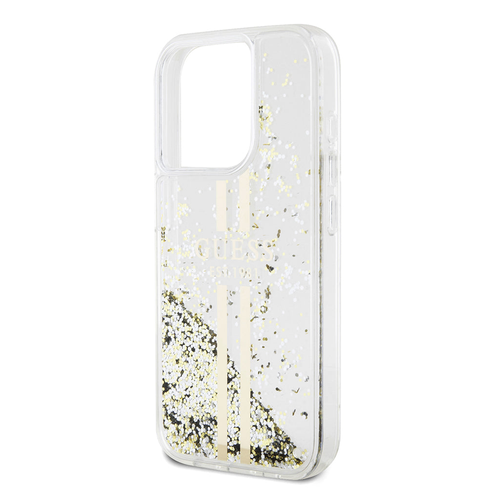 Skyddsfodral för Apple iPhone 15 Pro, Guess, Liquid Glitter Gold Stripes, Transparent