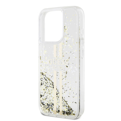 Skyddsfodral för Apple iPhone 15 Pro, Guess, Liquid Glitter Gold Stripes, Transparent
