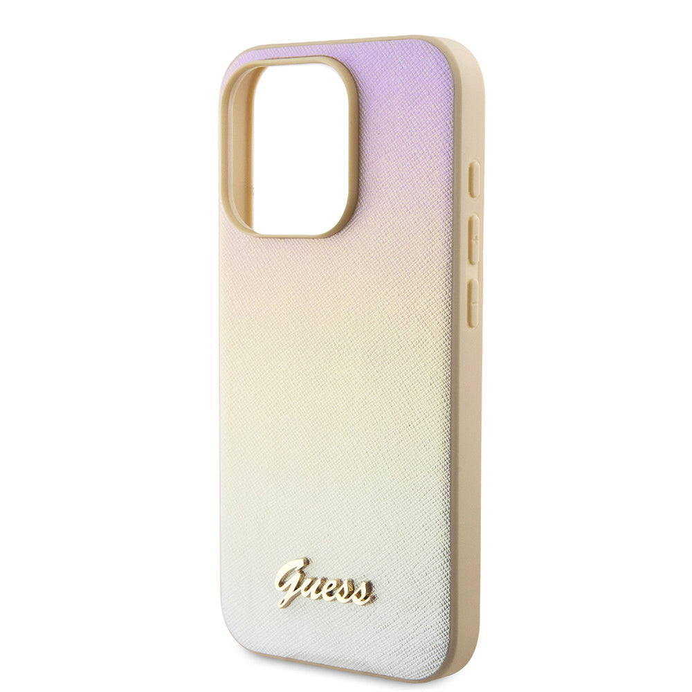 Skyddsfodral för Apple iPhone 15 Pro, Guess, Saffiano Iridescent Script, Guld
