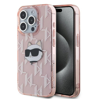 Skyddsfodral för Apple iPhone 15 Pro, Karl Lagerfeld, IML Luxury Monogram Choupette's Head, Rosa