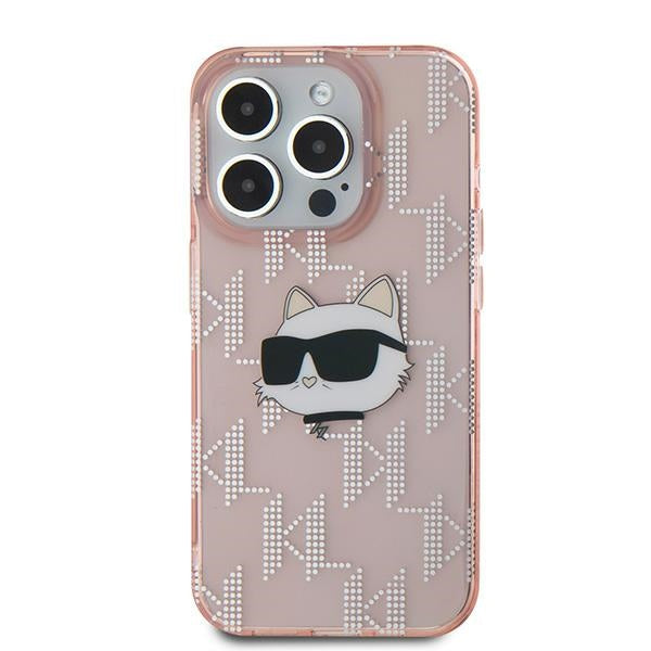Skyddsfodral för Apple iPhone 15 Pro, Karl Lagerfeld, IML Luxury Monogram Choupette's Head, Rosa