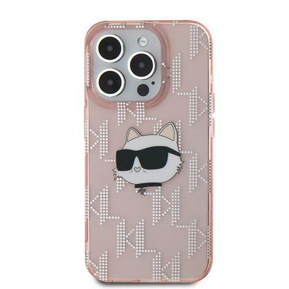 Skyddsfodral för Apple iPhone 15 Pro, Karl Lagerfeld, IML Luxury Monogram Choupette's Head, Rosa