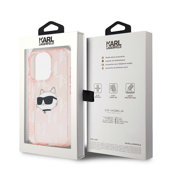 Skyddsfodral för Apple iPhone 15 Pro, Karl Lagerfeld, IML Luxury Monogram Choupette's Head, Rosa