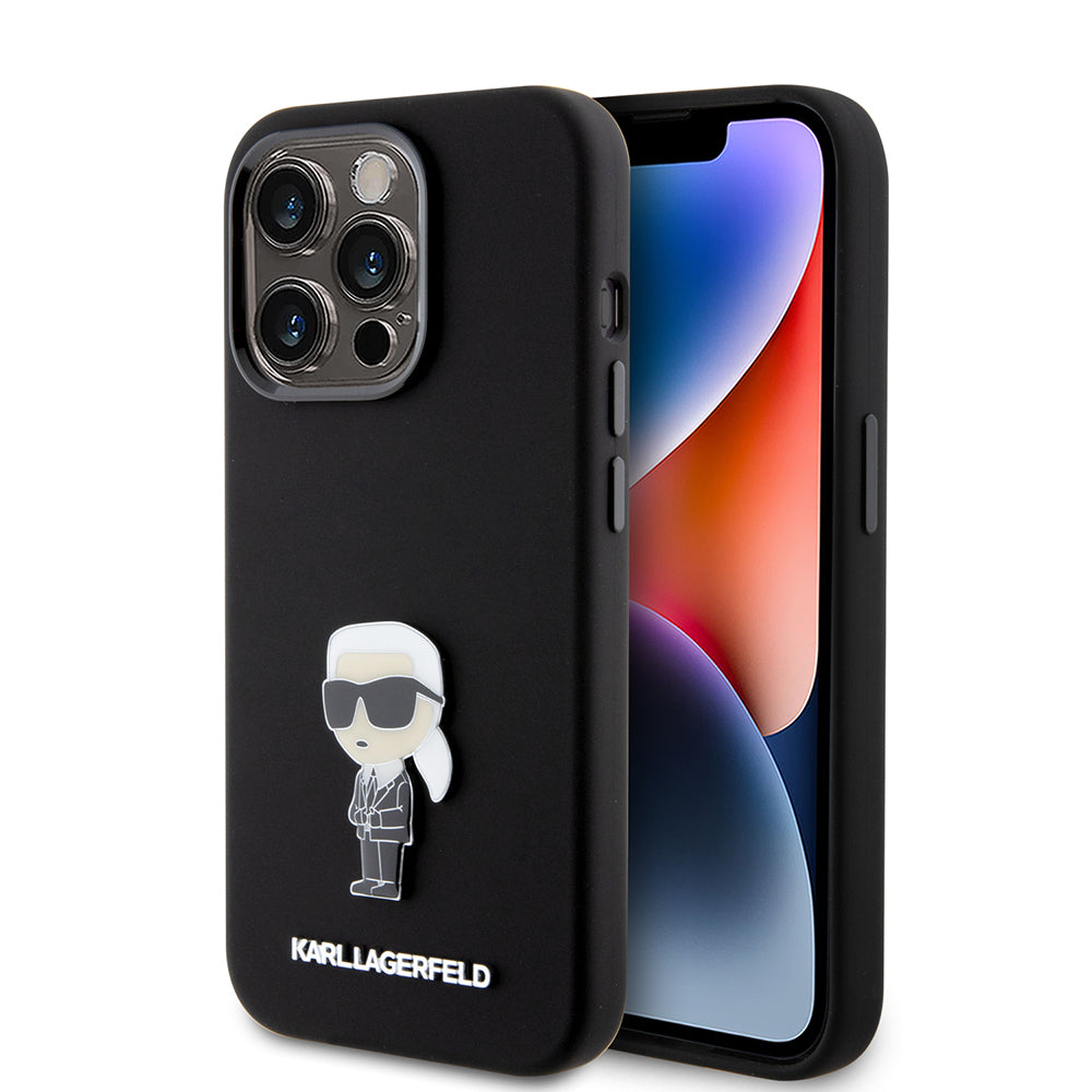Fodral för Apple iPhone 15 Pro, Karl Lagerfeld, Silicone Metal Ikonik, Svart
