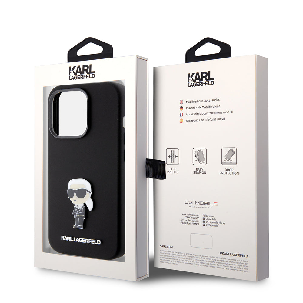Fodral för Apple iPhone 15 Pro, Karl Lagerfeld, Silicone Metal Ikonik, Svart